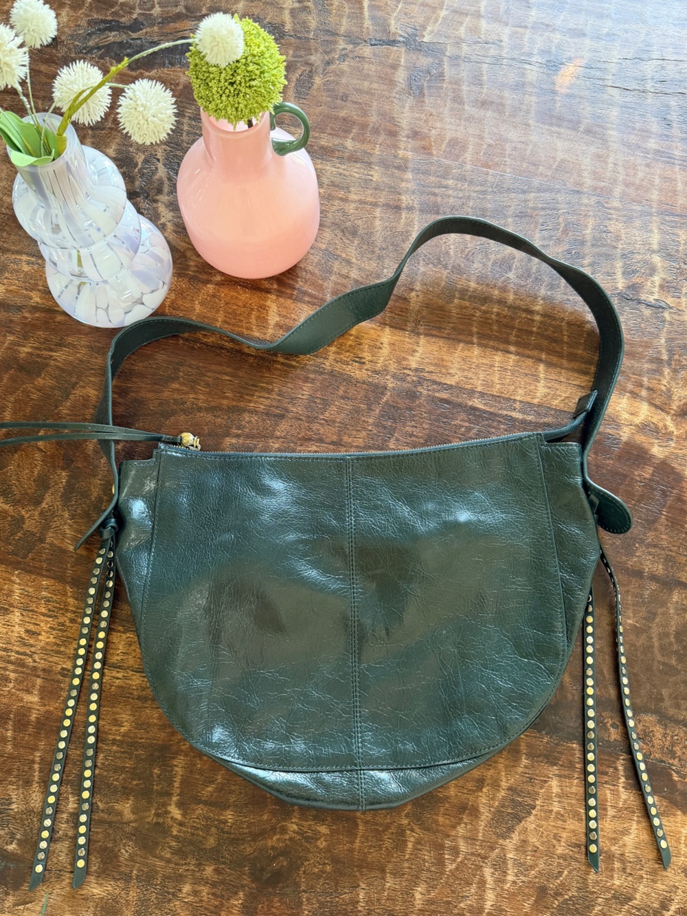 Hobo Dark Green Crinkle Leather Shoulder Bag
